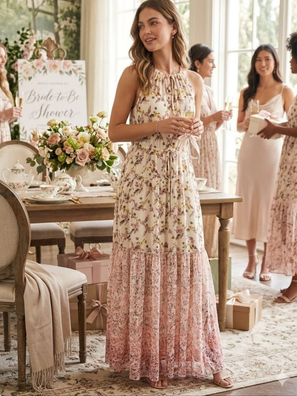 NWT Anthropologie DREW Naomi Vintage Floral Chiffon Maxi Dress Pink Natural S